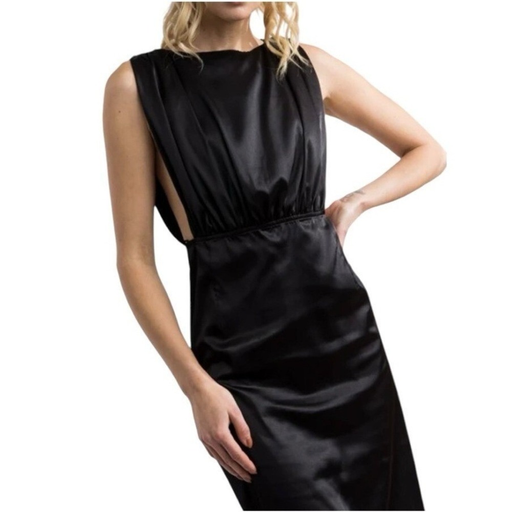 Lena Satin Midi Dress Womens Large Black Open Back Sleeveless Cocktail Sleek